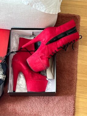 Pleaser Red Platform Lace-Up Ankle Boots with Side Zipper
